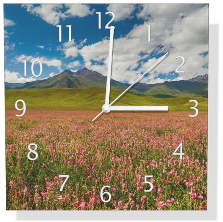 Wallario Design Wanduhr Berglandschaft im Sommer aus Aluverbund, Alu-Uhr Größe 30 x 30 cm, weiße Zeiger mit Metalloptik