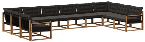 vidaXL Outdoor-Sofagarnitur mit Kissen 10 pcs Natürlich und Schwarz, Gartenmöbel-Set, modernes modulares Sofa, langlebige Couch, ergonomisches Design, schicke Terrassen-Sitzmöbel