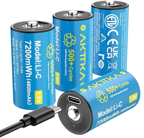 Lot de 4 Piles C Rechargeables, LR14 / AM2, 1,5 V Lithium, 7200 mWh, 500+ Cycles de Recharge, Câble USB-C Inclus, Faible Autodécharge, pour Lampe Torche, Camping, Éclairage d’Urgence, Radio et Jouets