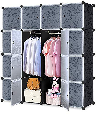 XMTECH DIY Kleiderschrank, 16 Fächer, Schwarz, 140x35x140 cm, mit Türen, PP | Stabiler Rahmen, pflegeleichte Platten, flexibel erweiterbar, gute Ordnung für Kleidung, Schuhe, Spielzeug und Accessoires