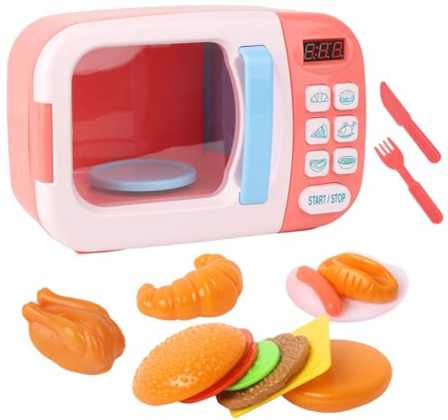 Grsrkep Toy Microwave Set(13Pcs) 9x4x6 Inch Battery Powered ABS Microwave Toy Set Includes Oven, Fork, Knife, Bread, Chicken & More Interactive Play Kitchen Accessories