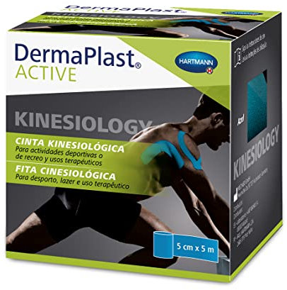 DermaPlast Active, Kinesiotape, Cinta Kinesiológica, Vendaje Neuromuscular para Prevenir y Tratar Lesiones Deportivas y Tensiones Musculares, Color Azul (5cm x 5m)