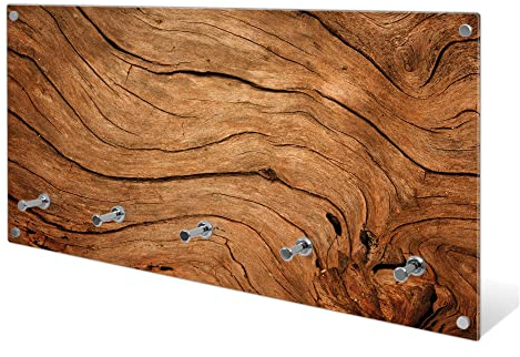 banjado® Wandgarderobe aus Echtglas/Design Garderobe 80x40x6 cm groß/Flurgarderobe mit 5 Haken/Magnetisches Garderobenpaneel Motiv Trockenes Holz