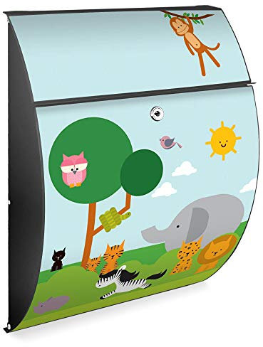 Burg Wächter Design Briefkasten| Modell Riviera 46cmx33,5cmx13cm groß| verzinkter Stahl Anthrazit | Postkasten mit Öffnungsstopp, großer A4 Einwurf, Zylinderschloss, 2 Schlüssel Wilde Tiere