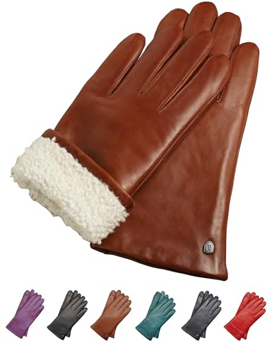 AKAROA ESTD 2019 Lederhandschuhe Damen MIA, Touchscreen Funktion, italienisches Leder, Futter aus original Neuseeland Lammfell, 4 Größen S - XL, cognac, L - 8