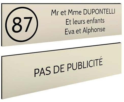 DECOHO - Plaque Boite aux Lettres Personnalisable - Lot de 2 plaques adhésives PMMA Beige-Noir - Format 100x25 mm - Gravure Laser précise - Beige