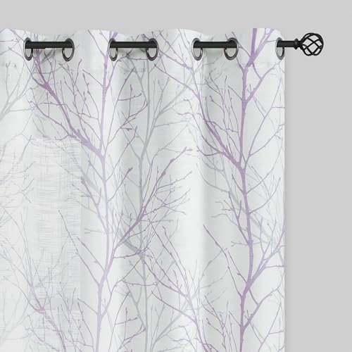 FMFUNCTEX Linen Semi Sheer Curtains for Bedroom, Lilac White Curtains 84 Inches Long for Living Room, Grey Tree Branch Patterned Curtain Light Filtering Farmhouse Window Drapes, Grommet Top 2 Panels