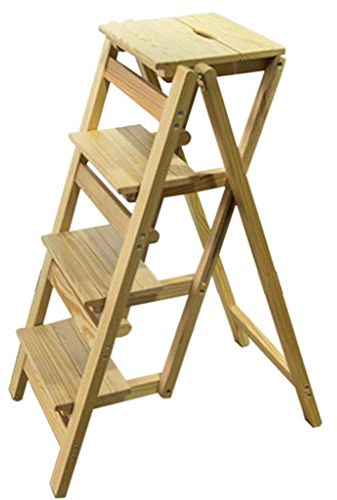 TTWUJIN Klappbare tragbare Leiter Trittleiter Treppenstuhl mit 4 Stufen Mode Massivholz Klappstuhl Multifunktions-Trittleiter Heavy Duty für Hausgarten Bibliothek Küche Büro erweitert,C.