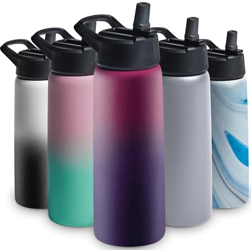 Triple Insulated Stainless Steel Water Bottle with Straw Lid - Flip Top Lid - Wide Mouth Cap (750 ML) Insulated Water Bottles, Keeps Hot and Cold - Great for Hiking & Biking (Dreamy Purple)