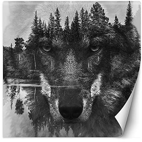 Feeby Fototapete XXL See Wald Natur 200x200 cm Grau Vliestapete Moderne Design Wandtapete Küche Flur Wohnzimmer Büro Badezimmer Kinderzimmer Wolfskopf Abstrakt