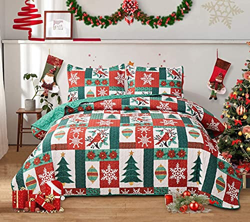 Queen-Size-Steppdecke mit Blumenmuster, leicht, wendbar, rot und grün, kariert, Patchwork-Bettwäsche für Weihnachten