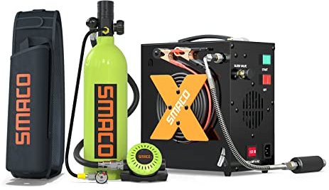 SMACO Scuba Tank Diving Gear for Diver 1L Mini Scuba Tank Oxygen Cylinder with 15-20 Minutes Portable Diving Tank Kit for Underwater Exploration Emergency Rescue Pony Bottle with Compressor S400 Pro