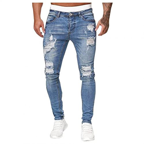 Buetory Fashion Biker Jeans for Men Hippie Ripped Destroyed Stretchy Knee Holes Slim Fit Tapered Skinny Leg Jeans Denim Pants(Light Blue,Large)