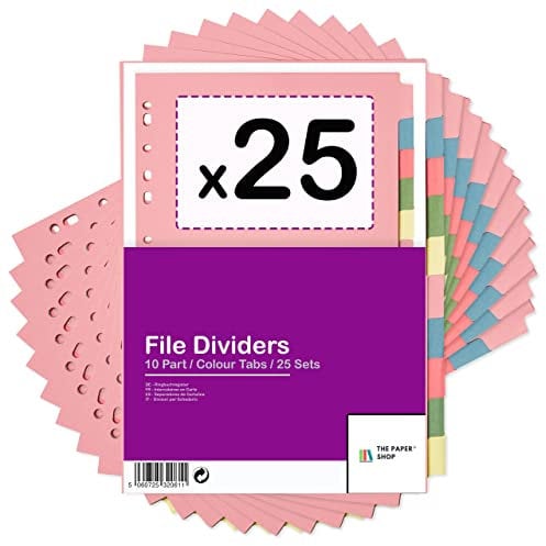 File Dividers A4, 10 Part Folder Dividers for Ring Binders & Lever Arch Files (25 Pack) Binder and Subject Dividers with Writeable Coloured Index Tabs - The Paper Shop