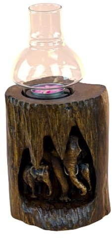 Teak Windlicht mit Elefanten - 28cm Holz - Windlicht mit Glas mit eingelassenen Elefanten (Kolonial)