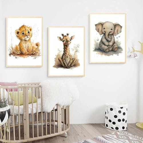 Youihom 3er Set Poster Tiere Kinderzimmer Braun 30x40cm Bilder Babyzimmer Jungen Wandposter Safari Löwe Giraffe Elefant Bilderwand Leinwand ohne Rahmen