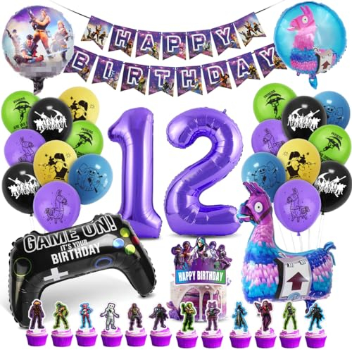 Deko 12. Geburtstag Junge, Gaming Party Luftballon Set, Zahl 12 Folienballon Violett Schwarz, Luftballons Girlanden Banner für Kindergeburtstag Party Dekoration