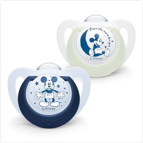 NUK Disney Mickey Mouse Star Day & Night Silikon-Schnuller, kiefergerecht, 18-36 Monate, BPA-frei, 2 Stück, weiß & blau, limitierte Edition