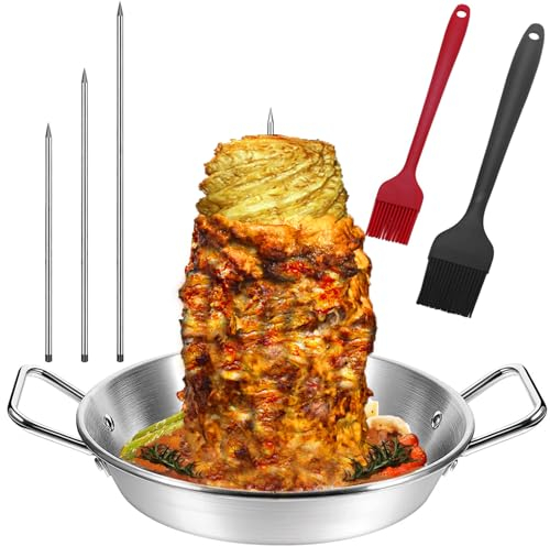 Al Pastor Skewer Shawarma Skewer Stainless Steel Vertical Skewers Vertical Stand Pan for Grilling Tacos, Shawarma, Kebabs,Gyros,BBQ Barbecue with 8/10/12inch Roasting Sticks,2 Silicone Brush
