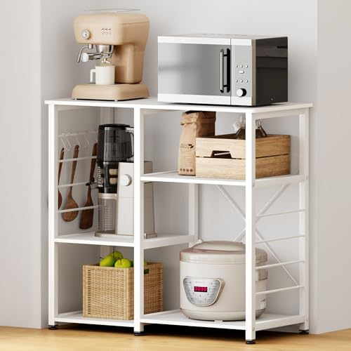 SogesPower Scaffale da Cucina per Microonde con Ganci a Forma di S, Scaffale Mobile Cucina a 3 Livelli per Utensili da Cucina e Spezie, 90 x 40 x 83 cm Bianco Puro