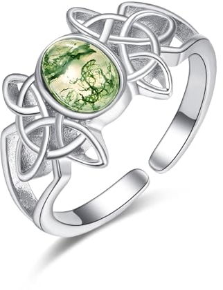 KINGWHYTE Moosachat Ring 925 Sterling Silber Keltische Fingerringe für Frauen Grüner Daumenring Natürlicher Moosachat Schmuck für Frauen Mädchen Damen