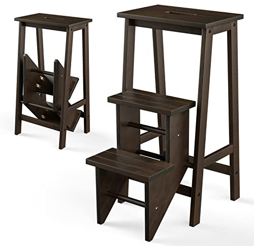 COSTWAY Tabouret Escabeau en Bois d'Hévéa Pliant, Marchepied 3 Marches, Escabeau Multifonctionnel avec Marches Réversibles, Portable, 57 x 41 x 76 cm, Capacité 310 kg (Brun Foncé)