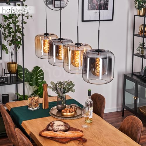 hofstein Lauden Suspension en métal/verre noir/ambre/fumé/transparent, lampe au design rétro/vintage avec abat-jour en verre (Ø 25 cm), hauteur max. 147 cm, 4 ampoules E27, sans ampoule