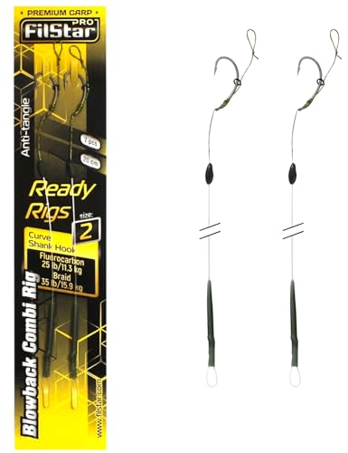 PRO FILSTAR Karpfenangeln Blowback Combi Rig Angelhaken N2, Fluorocarbon Vorfach 11kg, Flechtschnur 15kg - Аnti Тangle Sleeve - Curve Shank Hook - Pop Up Angel Köder - Boilies Haar Rig, Karpfen Angeln