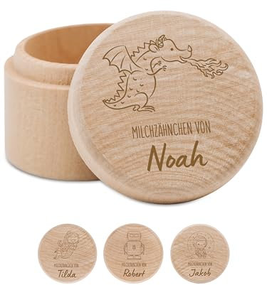 Bärenfreunde - Milchzahndose personalisiert aus Holz mit hochwertiger Gravur - Zahndose Milchzähne als Erinnerung an die ersten Zähnchen (Drache)