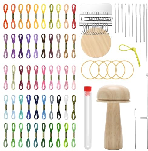 Windspeed Stopfpilz für Socken, Darner-Kit enthält 14 Haken, Speedweve Stopfwebstuhl, 9 Nadeln mit großem Öhr, 50 Farben, Stopfgarn für Heimwerker, Handwerk, Heimnähpflege
