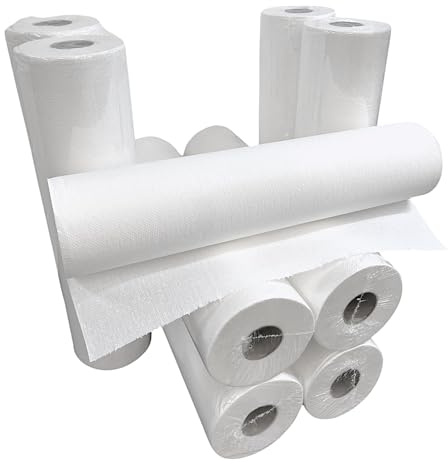 DE Healthcare Products – Ärztekrepp (9 Stück), 45 cm x 50 m, 2-lagig, je 40 cm vorperforiert, einzeln verpackt, saugstarke Ärzterolle, weiße Papierrollen als Liegenabdeckung