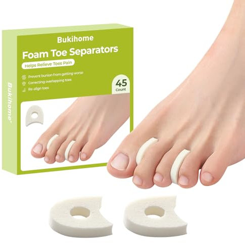 Bukihome 45er-Pack Schaumstoff-Zehenspreizer, atmungsaktive Zehenspreizer, reduzieren Reibung und lindern Hühneraugenschmerzen, Korrektur überlappender Zehen – (weiß)