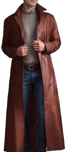 OULIWANGLUO Herren Lang Slim Fit Ledermantel Einfarbig Long Lederjacke Elegant Leather Jacket Windbreaker für Herbst Winter (Dark Braun,L)