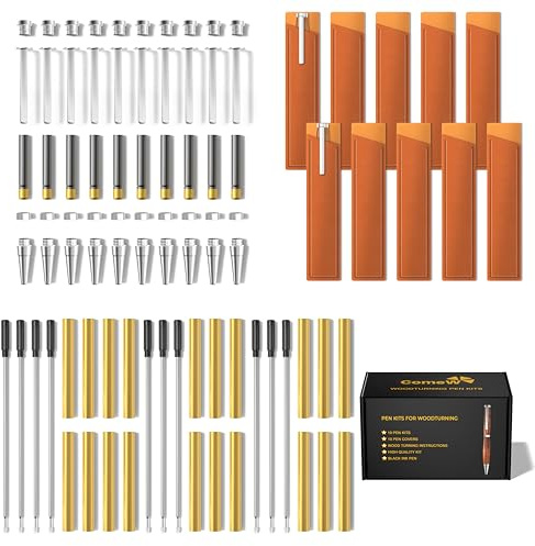 Pen Kits for Woodturning 10 Pack Premium Silver with Bonus 10 Pen Covers - Pen Making Tools with Black Ink - Pen Making Kit Slimline Pen Turning Supplies Twist Pen Kit Lathe Turning Supplies for DIY