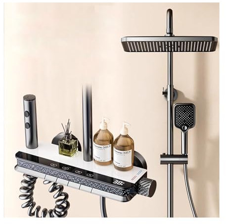 GLYYR Duscharmatur Komplettset, Duschsystem Mit Digitaler Temperaturanzeige, Duschgarnitur, Dusche Komplett Mit Duschkopf Regendusche, Handbrause, Bidet Toilettensprüher Und Duscharmatur