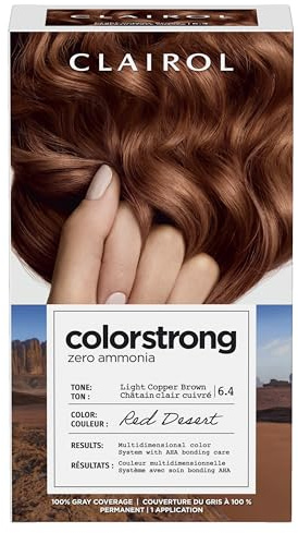Clairol ColorStrong Permanent Hair Dye, Ammonia‑Free, PPD‑Free, 100% Gray Coverage with Bonding System, 6.4 Light Copper Brown - Red Desert Hair Color, Pack of 1