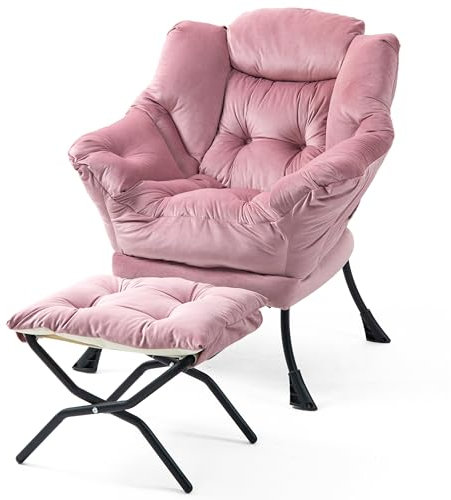 SNDMOR Sessel mit Hocker, Sessel Relaxsessel mit Metallgestell, Minimalistischer Polstersessel mit Seitentaschen, Geeignet für Schlafzimmer, Wohnzimmer, Balkone, Studie(Hellrosa)