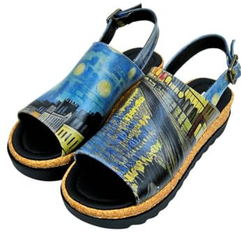 DOGO Femme Cuir Vegan Bleu Sandales Compensées - Sea Sparkles Motif