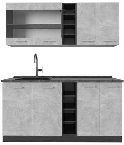 Vicco Singleküche R-Line, Küchenzeile Single, Beton/Anthrazit, 160 cm, AP Anthrazit