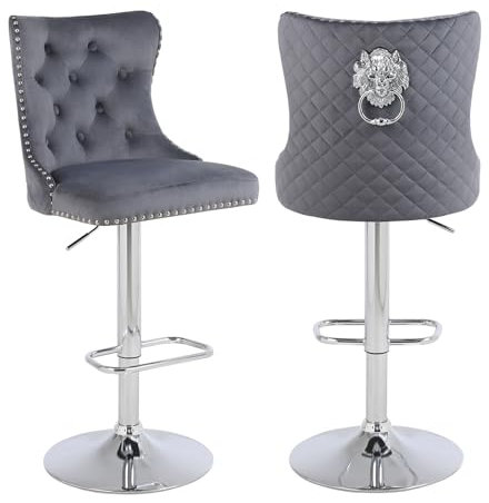 Chummaven Samt Barhocker 2er Set Barstuhl Moderne Tresenhocker Drehbar Küchenhocker mit Löwenklopfer und Nietenrand Gepolsterte Höhenverstellbare Barstühle für Hausbar Kücheninsel Grau