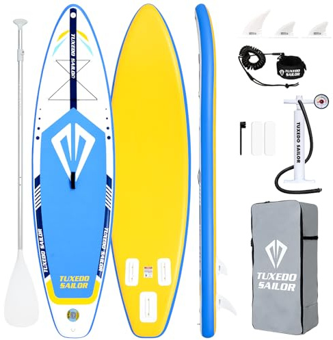 Tuxedo Sailor Paddle Gonflable Adulte, Planche de Stand Up Paddle Gonflable, Sup Paddle Board Gonflable avec Accessoires Complets, Planche de Surf Paddle (Blue & Yellow)