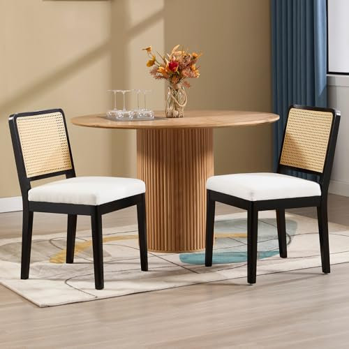 chairus 2er Set Esszimmerstühle Leinen Küchenstühle mit Rattan Rückenlehne Retro Holz Akzentstühle Polsterstühle für Esszimmer Küche Wohnzimmer (Schwarz-2)