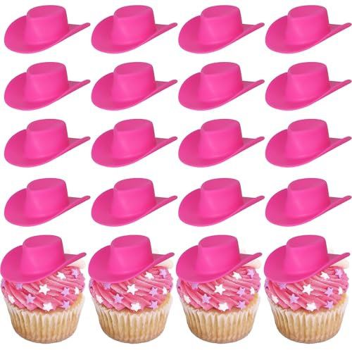 20 Stück Kunststoff Mini Cowboy Hut Tortendeko Western Cowgirl Hut Puppe Hüte Kuchen Deko Cowboy Puppenhaus Cupcake Toppers für Junge Mädchen Geburtstag Party Kuchen Dekoration Rosa