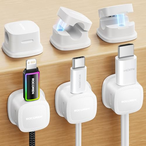Rocoren Kabelhalter Selbstklebend kabelhalter Starker Magnetisch Kabelmanagement Kabelclips Organizer Holder für Schreibtisch, Nachttisch, Office, Büro, Ladekabel, HDMI, Audiokabel 6 Stück Weiß