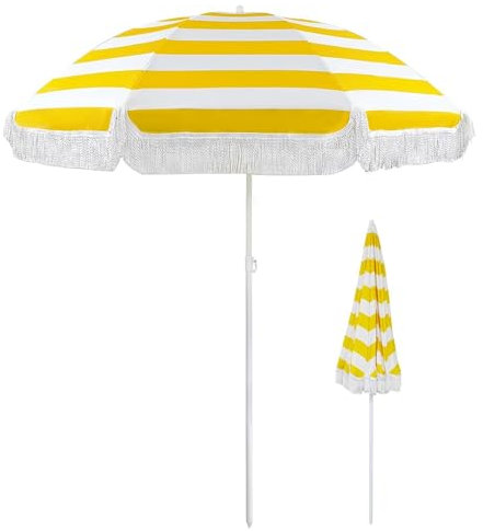 XOBRJQZ 160 cm gelber und weißer gestreifter Sonnenschirm mit Fransen, höhenverstellbarer Strandschirm mit kippbarer Eisenstange, UPF 50 (ohne Basis)