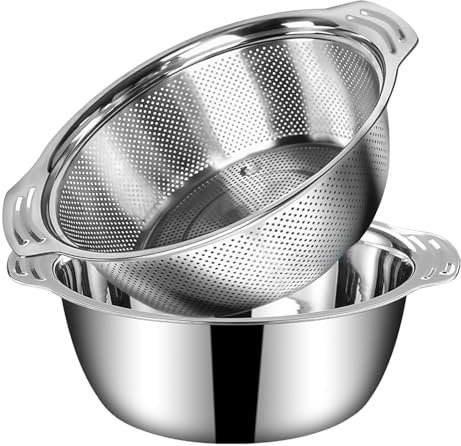 Stainless Steel Colander and Mixing Bowl Set, 2.5 L Capacity, 2-Piece Kitchen Strainer with Microporous Design