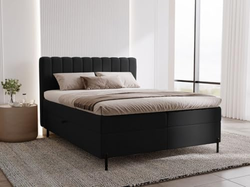 GRAINGOLD Primavera Bett 140x200, Boxspringbett mit Bettkasten, Polsterbett mit Bonell-Matratze, Samt Stoff, mit Topper, mit Kopfteil (Schwarz, 140x200)