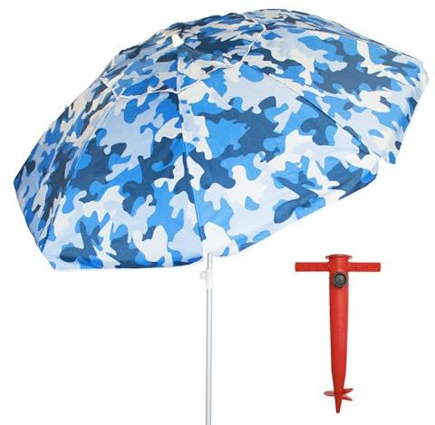 Pincho Sombrilla Playa 200cm con Proteccion UV50+, Altura Regulable, Tipo Taladro Incluido, 8 Varillas Antiviento de Fibra Vidrio, Tubo Aluminio, Bolsa Transporte (Camuflaje)