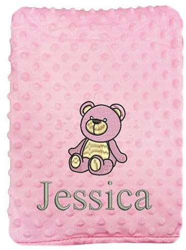JJLC Personalised Baby Bobble Blanket Embroidered Bear & Name Soft Fleece Wrap (Pink Bobble)