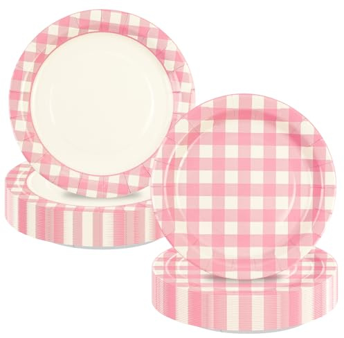 EVYIENEN 50Pcs Pink Gingham Paper Plates,7 Inch Checkered Plaid Dessert Plates Disposable Blue and White Paper Plate for Fall Halloween Christmas Birthday Dinner Party Supplies